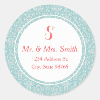 Mint Coral Round Damask Address Label Sticker