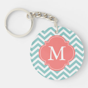 Mint & Coral Zigzag Pattern Monogram Keychain