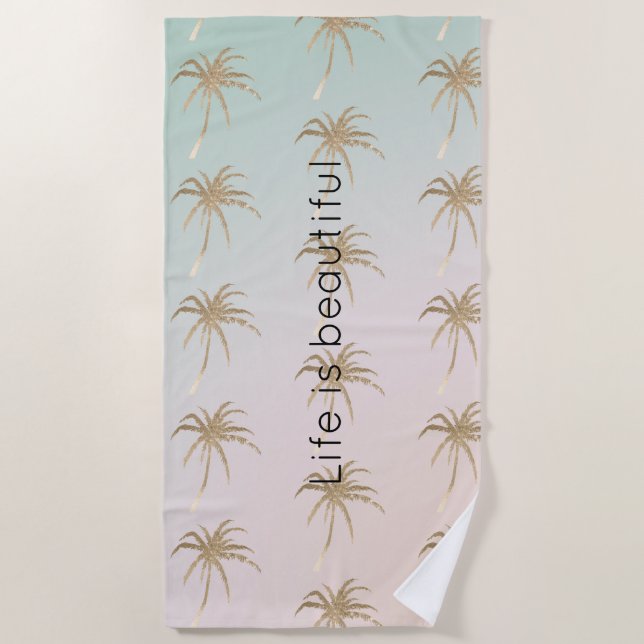 Mint Cream Ombre Tropical Gold Palm Trees          Beach Towel (Front)
