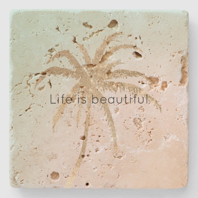 Mint Cream Ombre Tropical Gold Palm Trees          Stone Coaster (Front)