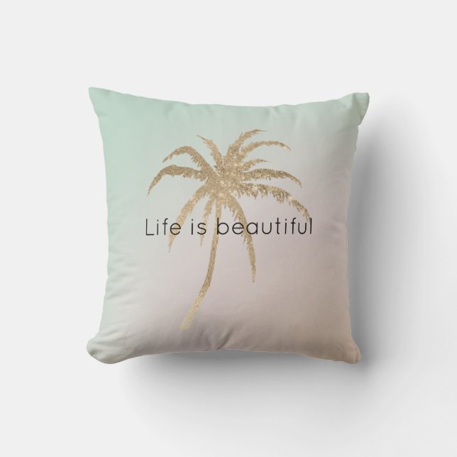 Mint Cream Ombre Tropical Gold Palm Trees          Throw Pillow (Front)