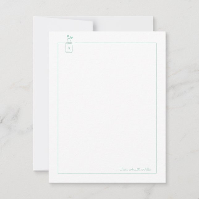 Mint Cute Hearts Mason Jar Personal Stationery Card (Front)