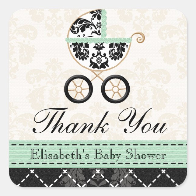 MINT DAMASK BABY CARRIAGE THANK YOU SQUARE STICKER (Front)