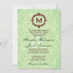 Mint Damask Chocolate Frame Monogram Wedding Invitation