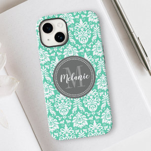 Mint Damask Grey Monogram Name iPhone 14 Case
