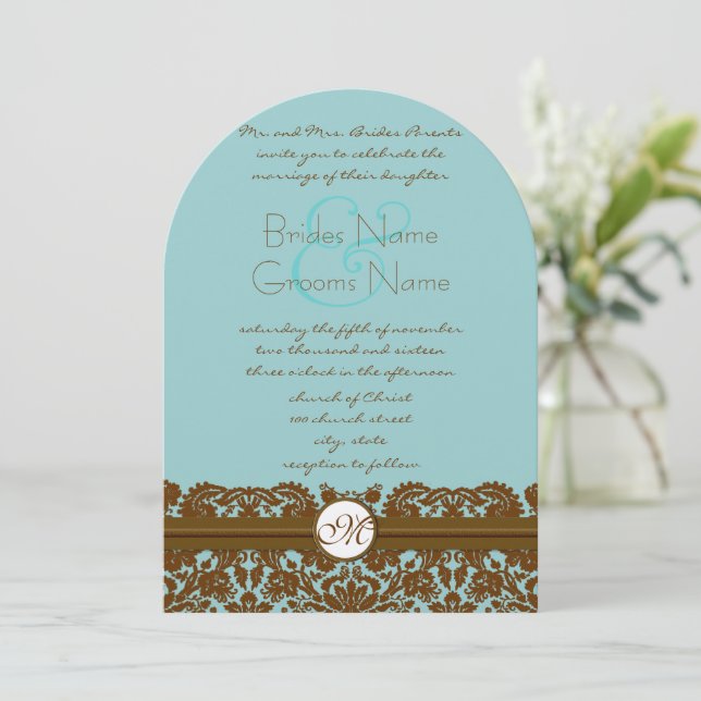 Mint Damask Wedding Monogram Investment Invitation (Standing Front)