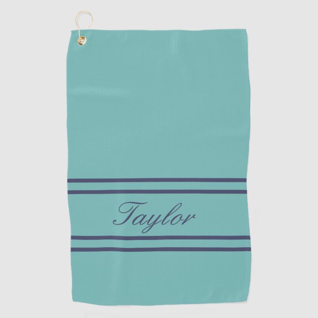 Mint Dark Blue Stripe Script Name Golf Towel (Front)