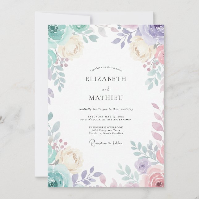 Mint Dusty Lilac Blossom Wedding Invitation (Front)