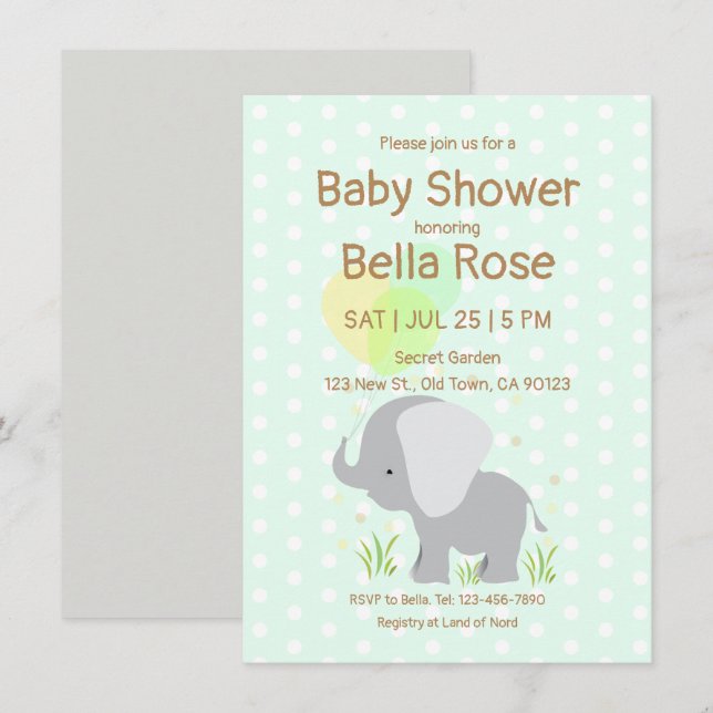 Mint Elephant Baby Shower Invitations (Front/Back)