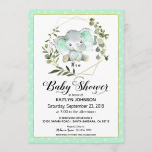 Mint Elephant Modern Baby Shower Invitation