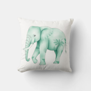 Mint Elephant with Jungle Leaves Throw Pillow