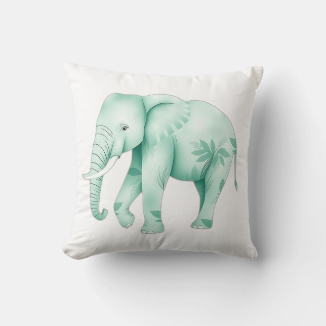 Mint Elephant with Jungle Leaves Throw Pillow (Front)