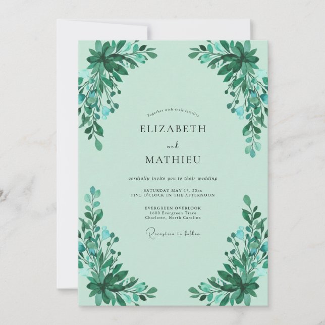 Mint Emerald Leafy Wedding Invitation (Front)