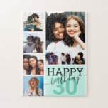 Mint Family Friends Photo Collage Happy Birthday Jigsaw Puzzle<br><div class="desc">This cool and cute happy birthday puzzle is perfect for any friend or family member. It features eight customizable photograph pictures with the quote, "Happy Birthday, " on top of a teal green "30" (which can be changed to any age) and mint green colour block square. It's modern, fun, and...</div>