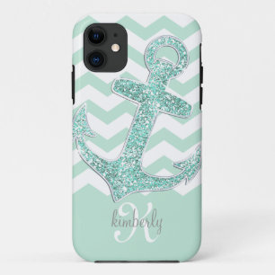 Mint Faux Glitter Anchor Chevron Personalized iPhone 11 Case