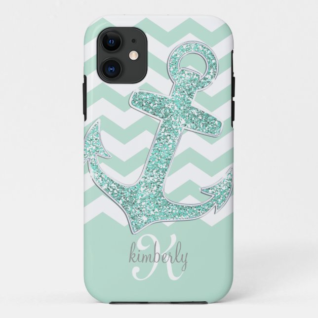 Mint Faux Glitter Anchor Chevron Personalized Case-Mate iPhone Case (Back)