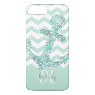 Mint Faux Glitter Anchor Chevron Personalized Case-Mate iPhone Case