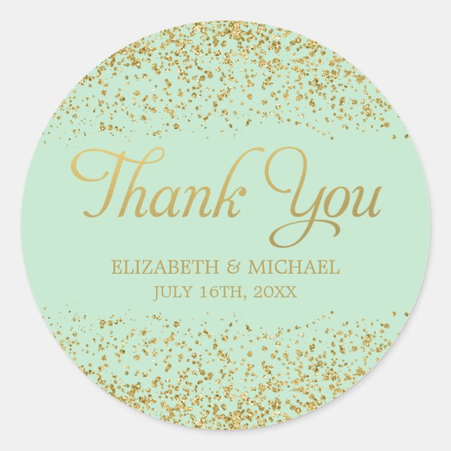 Mint Faux Gold Glitter Wedding Thank You Classic Round Sticker (Front)