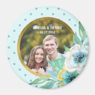 Mint Faux Gold, Watercolor Floral Wedding Photo Magnet