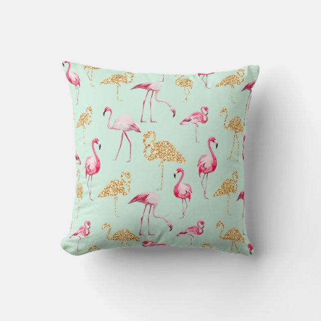 Mint, Flamingo Print. Throw Pillow (Front)