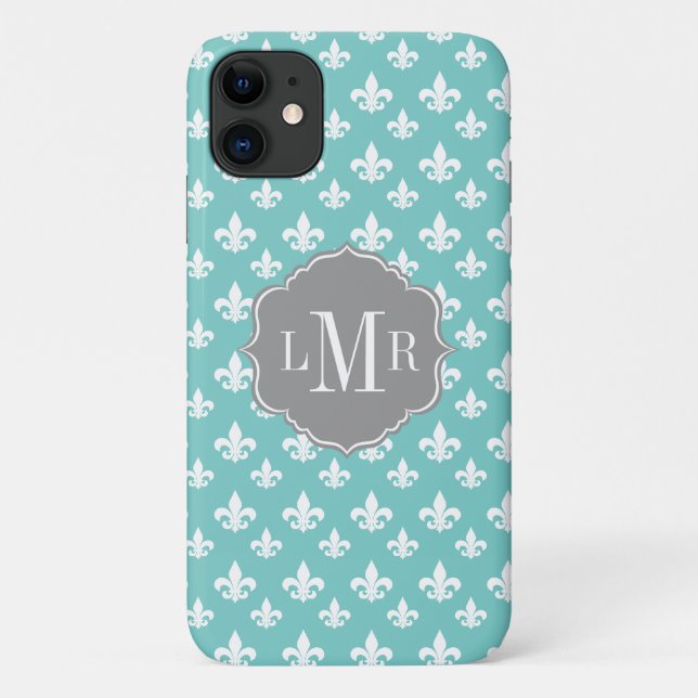 Mint Fleur De Lis Pattern Monogram Case-Mate iPhone Case (Back)