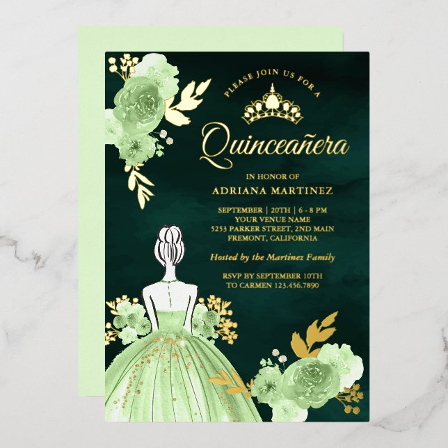 Mint Floral Dress Emerald Green Quinceanera Gold (Front/Back)