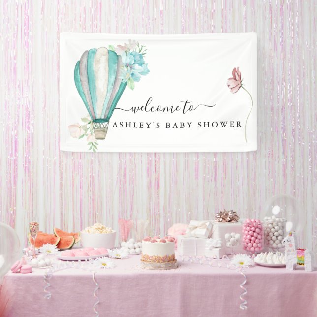 Mint Floral Hot Air Balloon Baby Shower Banner (Party)