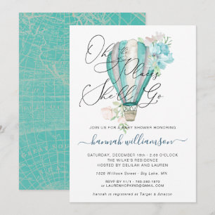 Mint Floral Hot Air Balloon Baby Shower Invitation