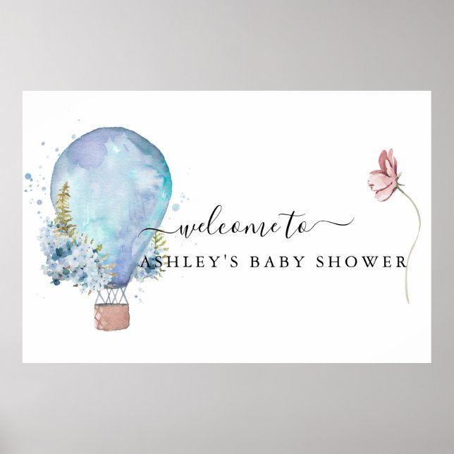 Mint Floral Hot Air Balloon Baby Shower Poster (Front)