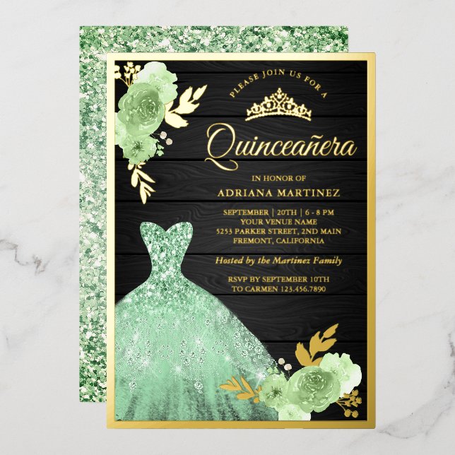 Mint Floral Sparkle Dress Wood Quinceanera Gold (Front/Back)