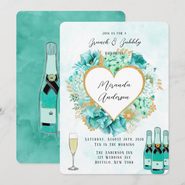Mint Florals and Gold Foliage Brunch & Bubbly Invitation (Front/Back)