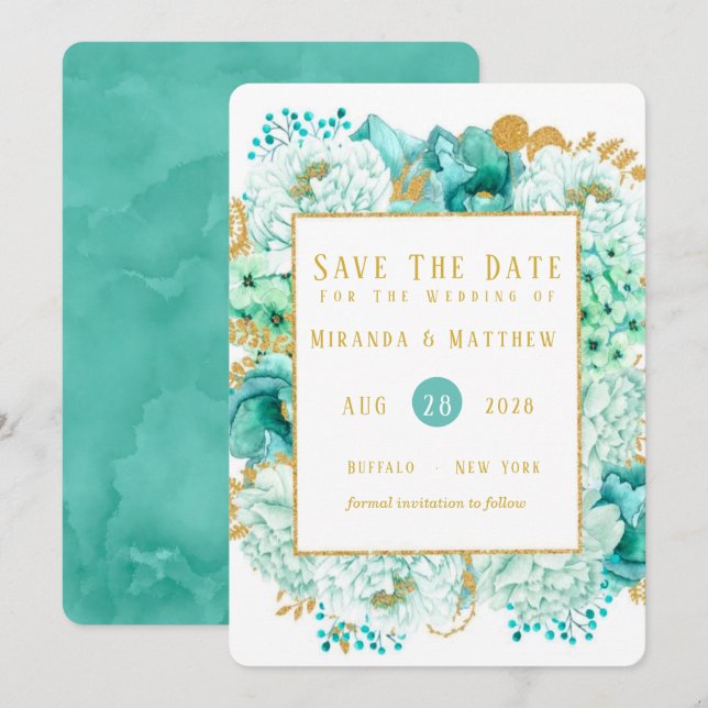 Mint Florals and Gold Foliage Save The Date Cards (Front/Back)