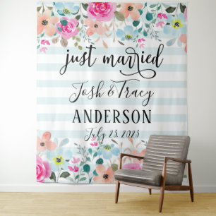 Mint Flower Just Married Announcement Tapestry