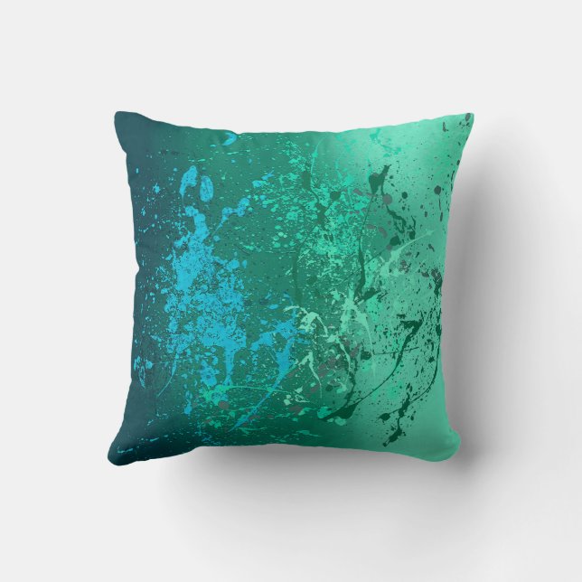 Mint Flurry Abstract Spatter Art Throw Pillow (Back)