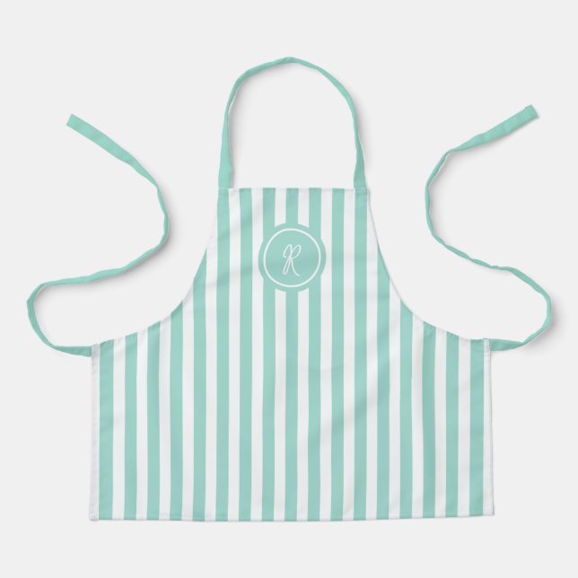 Mint French Beach Stripe Personalized Monogram  Apron (Front)