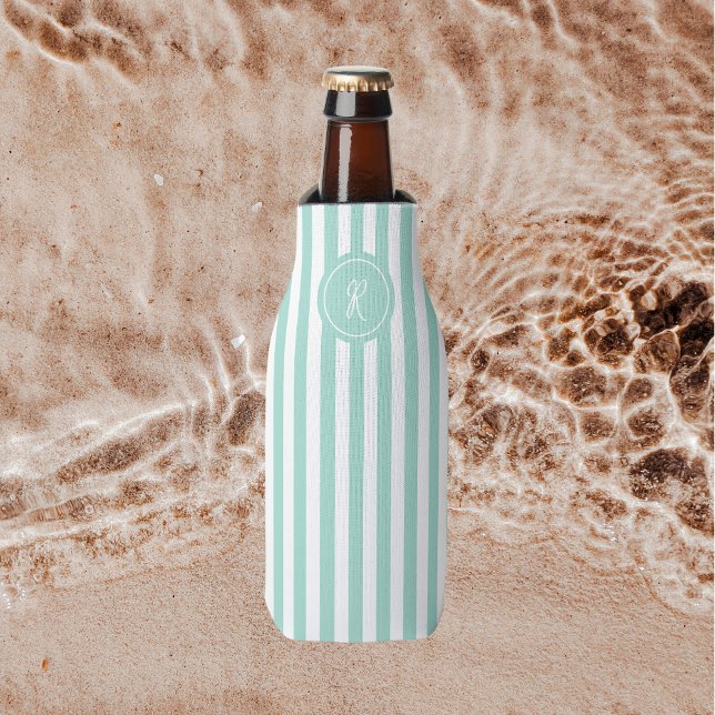 Mint French Beach Stripe Personalized Monogram Bottle Cooler (Creator Uploaded)