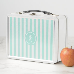 Mint French Beach Stripe Personalized Monogram Metal Lunch Box