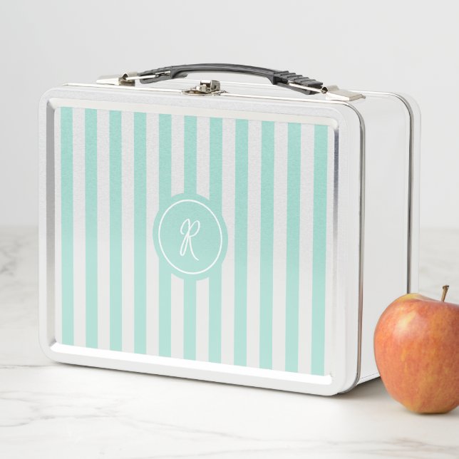 Mint French Beach Stripe Personalized Monogram Metal Lunch Box (In Situ)