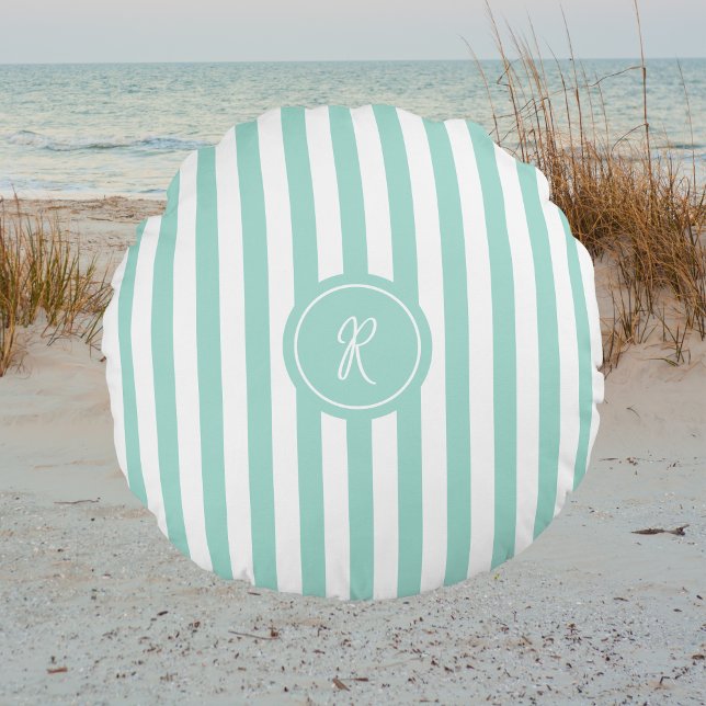 Mint French Beach Stripe Personalized Monogram Round Pillow (Creator Uploaded)