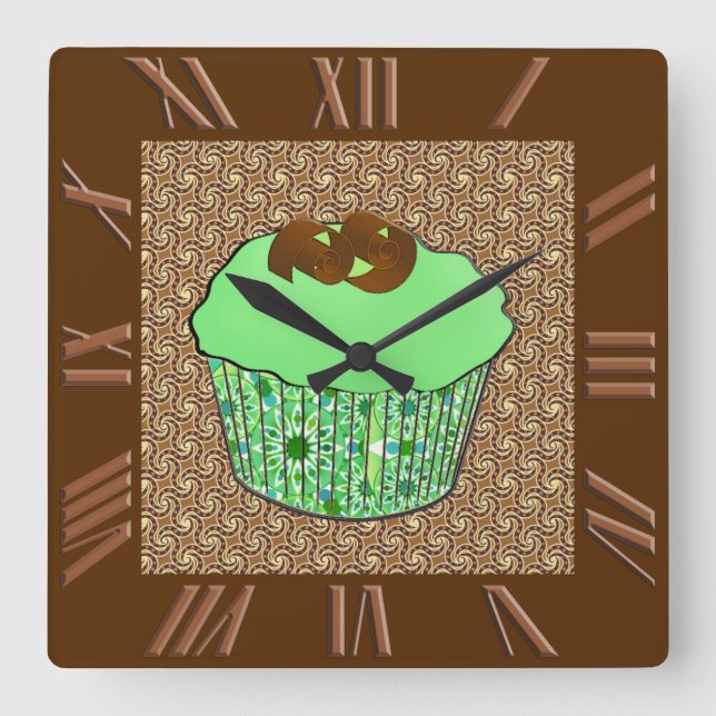 Mint Frosted Chocolate Cupcake, Fractal Background Square Wall Clock (Front)