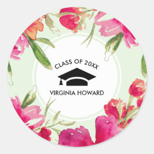 Mint   Fuchsia Floral Graduation Classic Round Sticker