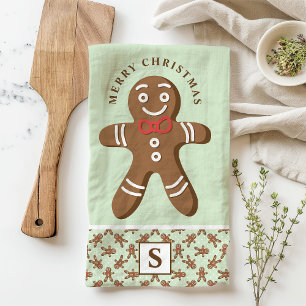 Mint Gingerbread Man Monogram Merry Christmas Kitchen Towel