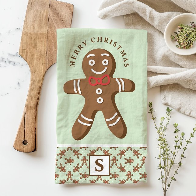 Mint Gingerbread Man Monogram Merry Christmas Kitchen Towel (Creator Uploaded)