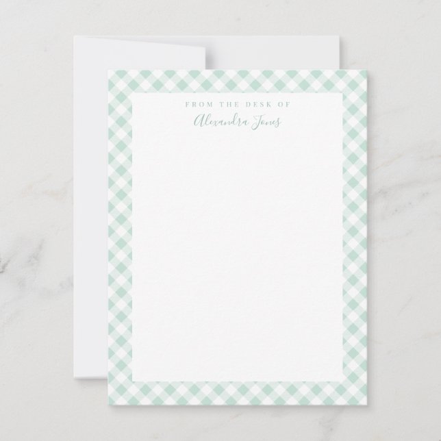Mint Gingham Check Personal Stationery Note Card (Front)