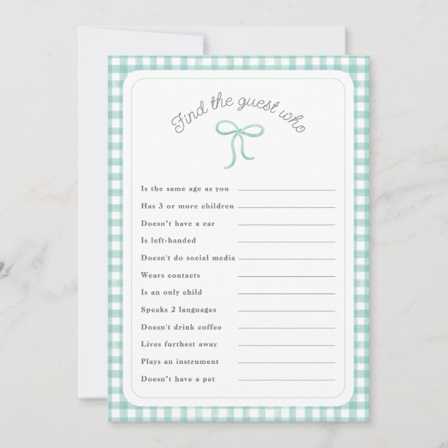 Mint gingham Find the Guest Who shower game Invitation (Front)