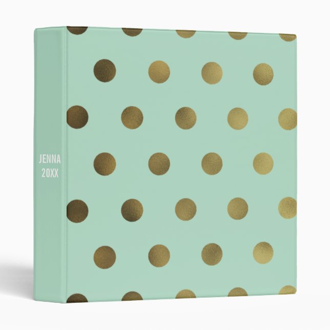 Mint Glam Faux Gold Polka Dot Custom 3 Ring Binder (Front/Spine)