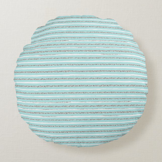 Mint Glitter Effect Stripe Pattern  Round Pillow (Front)