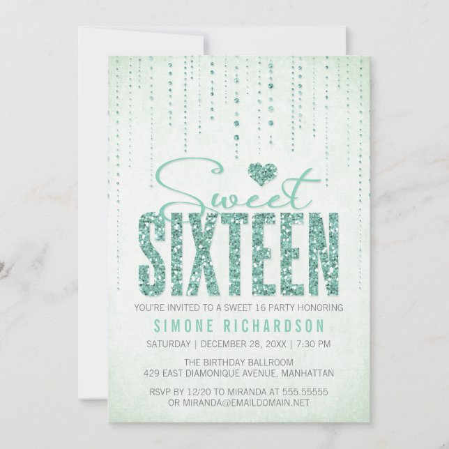 Mint Glitter Look Sweet 16 (Sixteen) Party Invitation (Front)