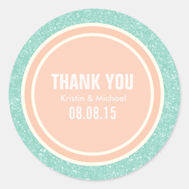 Mint Glitter & Peach Thank You Round Stickers (Front)