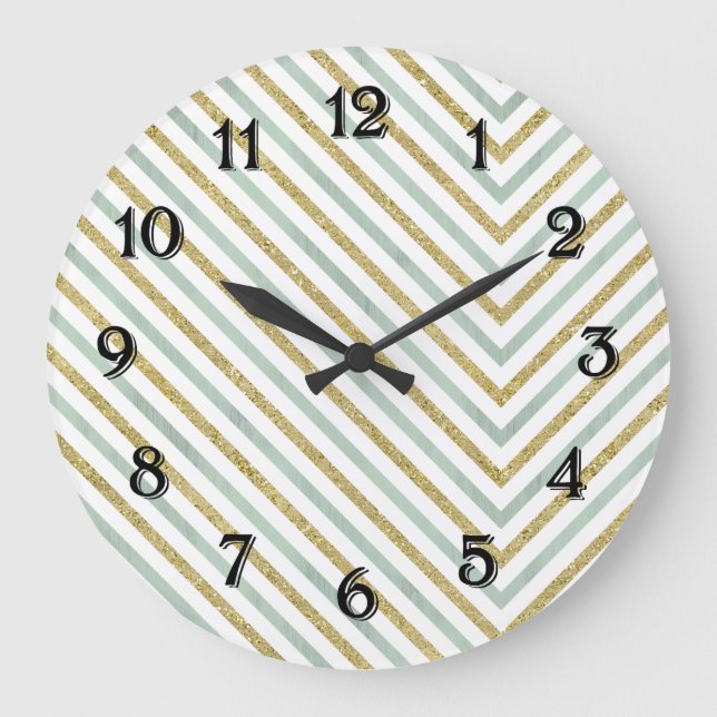 Mint Gold and White Chic Chevron Large Clock (Front)